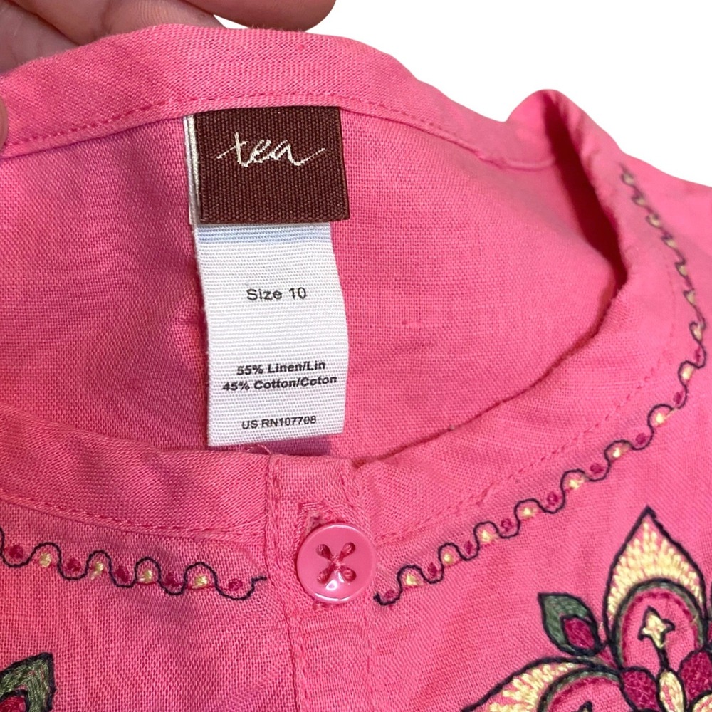TEA COLLECTION Malati Kantha LINEN Embroidered Floral Dress Girls 10 Pink Boho - Picture 8 of 9